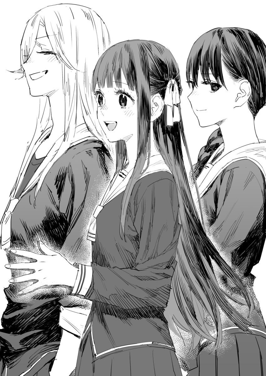 3girls blush braid character_request closed_eyes closed_mouth copyright_request eyebrows_visible_through_hair fingernails greyscale hair_over_one_eye hair_ribbon hatching_(texture) highres long_hair monochrome multiple_girls open_mouth own_hands_together ribbon school_uniform serafuku simple_background smile takuan_(takuanlunch) teeth tongue uniform upper_teeth white_background