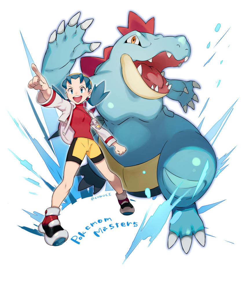 1girl :d bangs bike_shorts blue_eyes claws clenched_hand commentary_request copyright_name cropped_jacket eyelashes feraligatr green_hair hat highres jacket kris_(pokemon) legs_apart open_mouth pointing pokemon pokemon_(creature) pokemon_(game) pokemon_gsc red_shirt shirt shoes smile teeth tetsu_(teppei) tongue twintails upper_teeth white_background white_jacket yellow_headwear