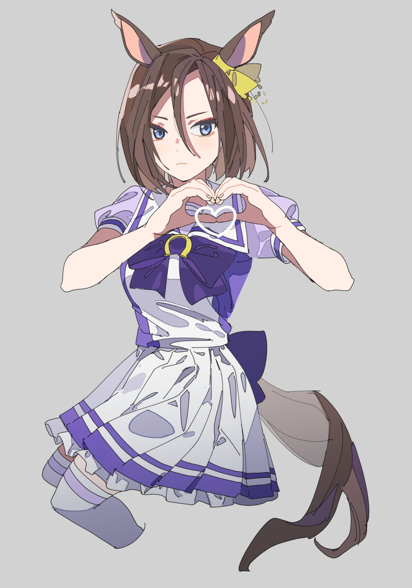 1girl absurdres air_groove_(umamusume) animal_ears bangs blue_eyes breasts brown_hair closed_mouth cropped_legs frown grey_background heart heart_hands highres horse_ears horse_girl horse_tail invisible_chair looking_at_viewer medium_hair oda_ya_ka parted_bangs pleated_skirt purple_shirt sailor_collar school_uniform shirt simple_background sitting skirt small_breasts solo tail thigh-highs tracen_school_uniform umamusume white_legwear white_skirt