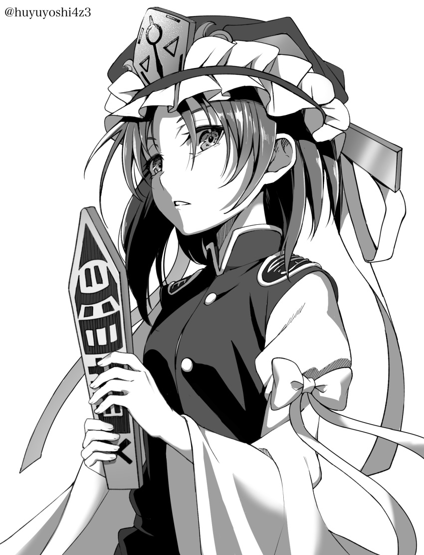 1girl asymmetrical_hair bangs bow buttons commentary_request epaulettes eyebrows_behind_hair frilled_hat frills greyscale hat highres holding juliet_sleeves long_sleeves looking_at_viewer medium_hair monochrome open_mouth puffy_sleeves rod_of_remorse shiki_eiki simple_background sleeve_bow solo touhou upper_body vest yoshinatsu