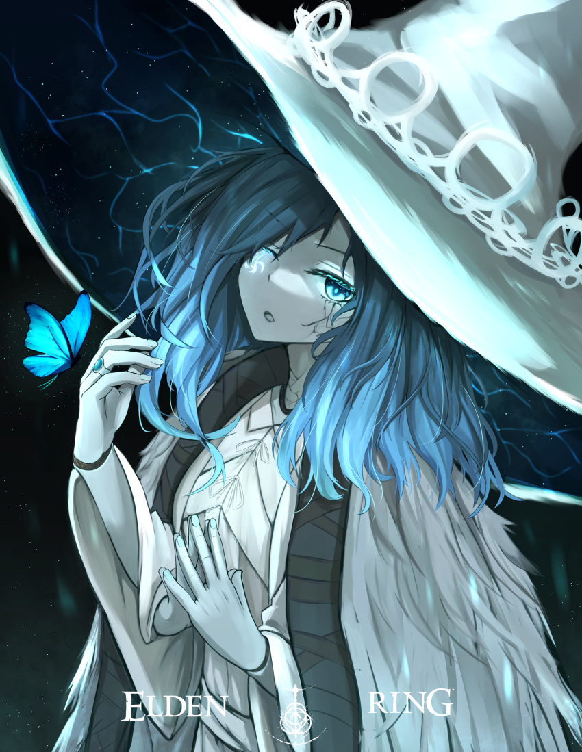 1girl absurdres black_background blue_eyes blue_hair blue_skin bug butterfly cloak colored_skin copyright_name doll_joints dress elden_ring extra_arms fingernails fur_cloak hat highres jewelry joints large_hat looking_at_viewer medium_hair one_eye_closed ranni_the_witch ring simple_background solo tokyo_(1421) white_dress white_headwear witch witch_hat