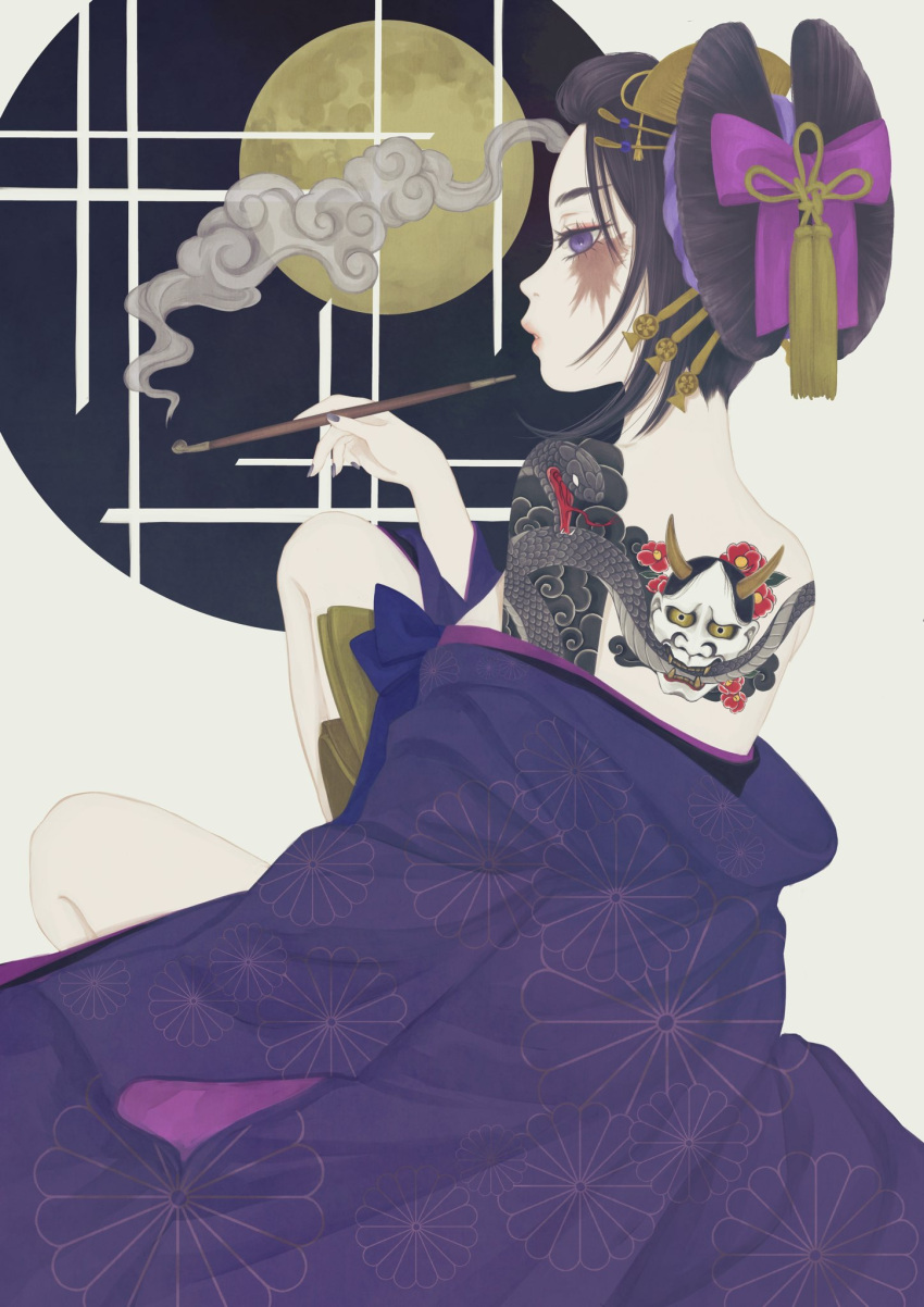1girl back_tattoo bare_shoulders black_hair bow commission flower flower_tattoo from_behind full_moon hair_ornament hannya highres holding holding_pipe japanese_clothes kanzashi kikumon kimono kiseru long_sleeves moon nail_polish nihongami off_shoulder original parted_lips pipe print_kimono profile purple_bow purple_kimono red_flower round_window scar scar_on_face second-party_source short_hair shoulder_tattoo sitting smoke snake_tattoo solo tassel tattoo ushiyama_ame violet_eyes white_background window