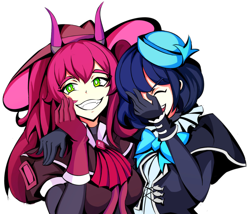 2girls arm_around_shoulder bangs blue_bow blue_hair bow bowtie breasts closed_eyes duel_monster english_commentary evil_twin_ki-sikil evil_twin_lil-la gloves green_eyes grin hair_between_eyes hand_on_own_face hat highres ki-sikil_(yu-gi-oh!) large_breasts laughing lil-la_(yu-gi-oh!) long_hair multiple_girls no_eyewear pink_hair puffy_short_sleeves puffy_sleeves rsutibu short_hair short_sleeves smile transparent_background yu-gi-oh!