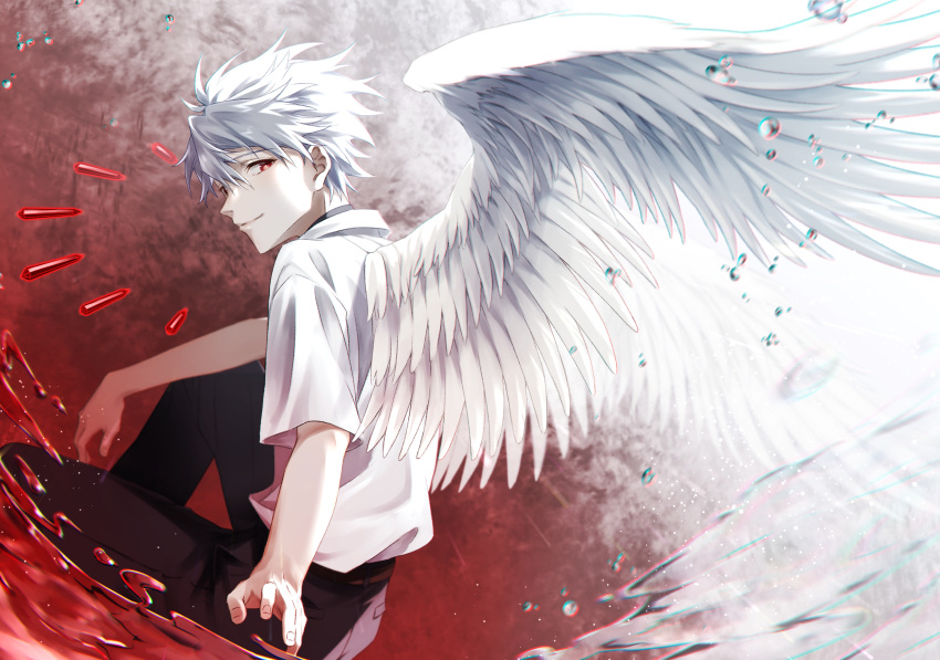 1boy absurdres bangs black_pants closed_mouth emu_(ain54971) evangelion:_3.0+1.0_thrice_upon_a_time feathered_wings hair_between_eyes highres looking_at_viewer male_focus nagisa_kaworu neon_genesis_evangelion pants rebuild_of_evangelion red_eyes shirt short_hair short_sleeves silver_hair smile solo white_shirt white_wings wings