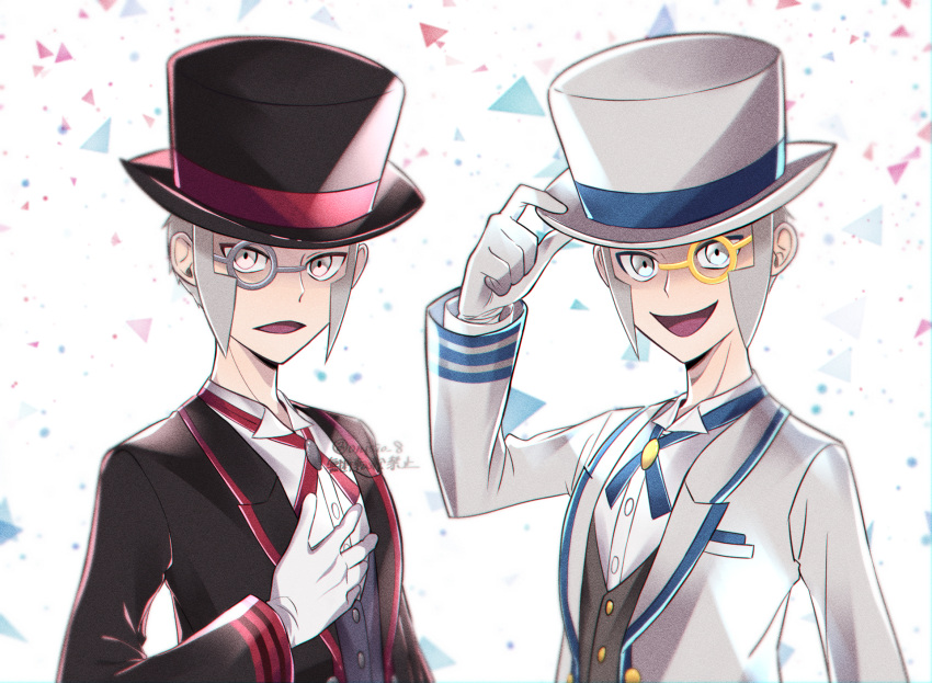 2boys :d black_headwear black_jacket brothers buttons commentary_request emmet_(pokemon) gloves grey_hair grey_vest hand_on_headwear hat highres ingo_(pokemon) jacket long_sideburns looking_at_viewer male_focus mitsuyo_(rwus4583) monocle multiple_boys official_alternate_costume open_mouth pokemon pokemon_(game) pokemon_masters_ex shirt short_hair siblings sideburns smile tongue top_hat vest watermark white_gloves white_headwear white_jacket white_shirt