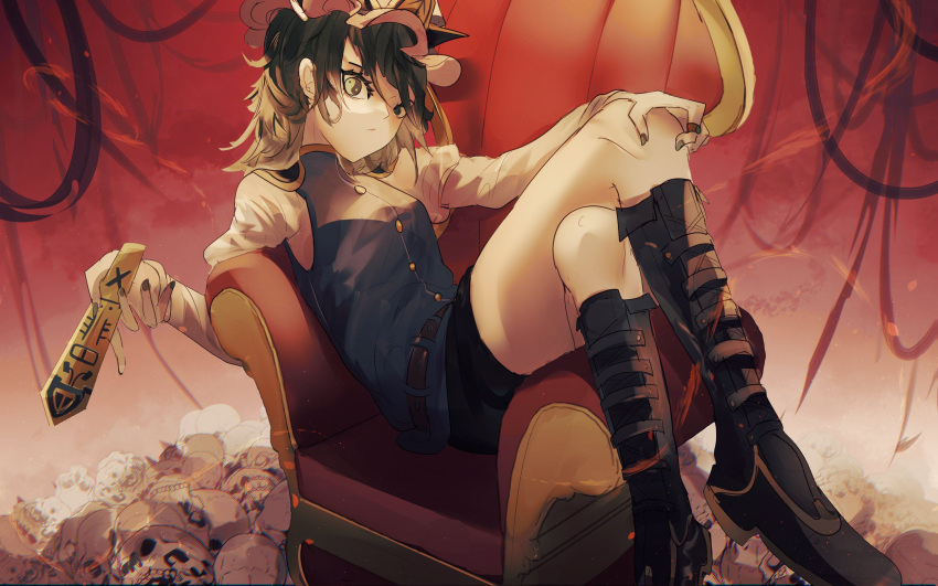 1girl black_footwear black_nails chair closed_mouth crossed_legs english_commentary epaulettes full_body gradient gradient_background hand_on_own_knee hat highres holding jewelry long_sleeves looking_at_viewer mismatched_pupils naufaldreamer orb red_background ring rod_of_remorse shiki_eiki shirt short_hair sitting skull solo touhou vest white_shirt yin_yang yin_yang_orb