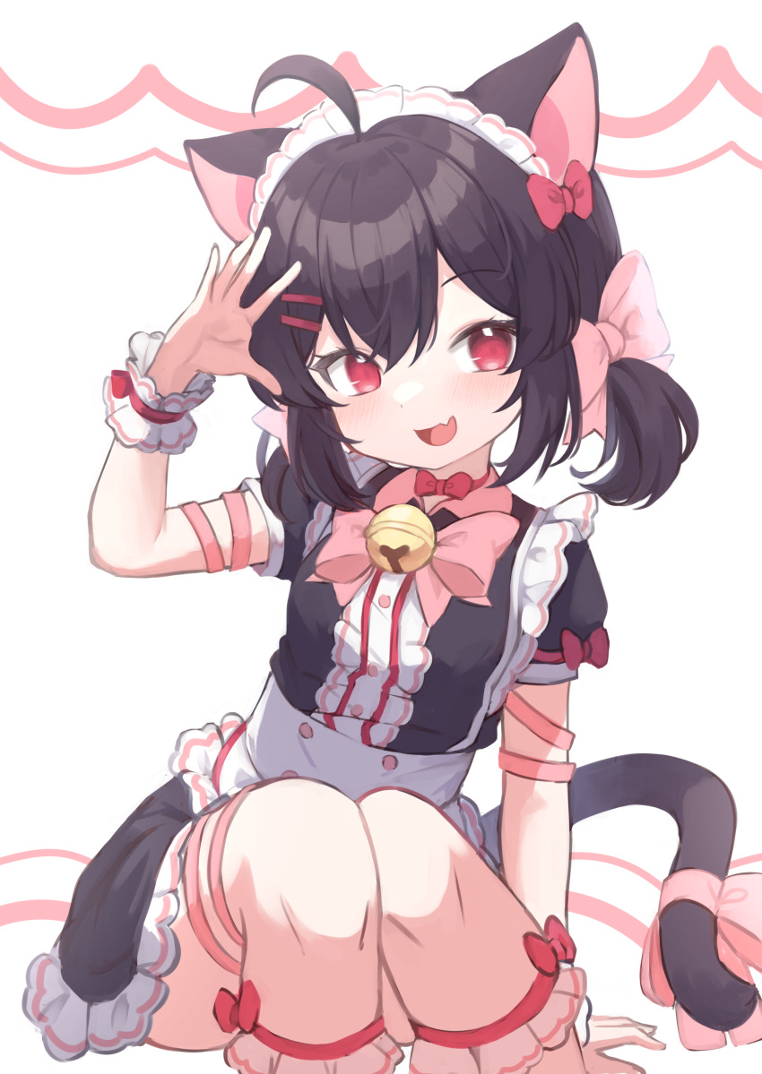 1girl :d absurdres ahoge animal_ears bangs bell black_hair cat_ears cat_girl cat_tail center_frills commentary english_commentary fang frills hair_between_eyes hair_ornament hairclip highres jingle_bell klaius looking_at_viewer maid maid_headdress medium_hair neck_bell original pink_ribbon red_eyes ribbon simple_background sitting skin_fang smile solo tail tail_ornament tail_ribbon white_background