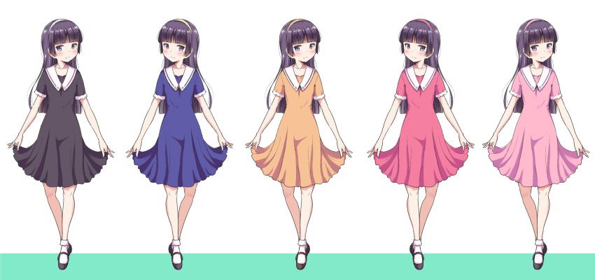 1girl bangs black_dress black_hair blue_dress blunt_bangs color_variation dress full_body gokou_ruri hairband highres long_hair looking_at_viewer mary_janes mole mole_under_eye multiple_views orange_dress ore_no_imouto_ga_konna_ni_kawaii_wake_ga_nai pink_dress red_dress shoes simple_background skirt_hold socks takatsuki_akira violet_eyes white_background white_hairband white_legwear