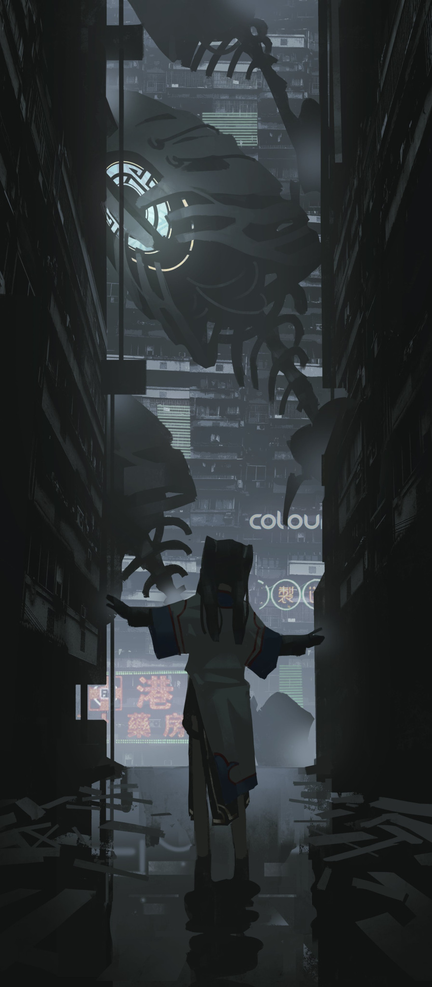 1girl absurdres alley black_hair building chinese_clothes dress from_behind full_body highres long_hair long_sleeves night original outdoors outstretched_arms robot science_fiction solo tuoer twintails white_dress