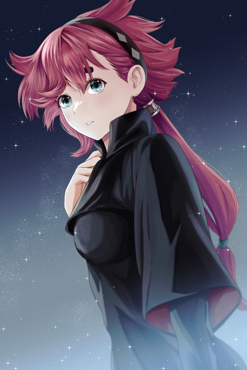 1girl absurdres bangs blue_eyes breasts commentary gundam gundam_suisei_no_majo hairband hand_on_own_chest highres konbanwa01 long_hair night night_sky ponytail protagonist_(gundam_suisei_no_majo) redhead sky small_breasts solo star_(sky) starry_sky upper_body