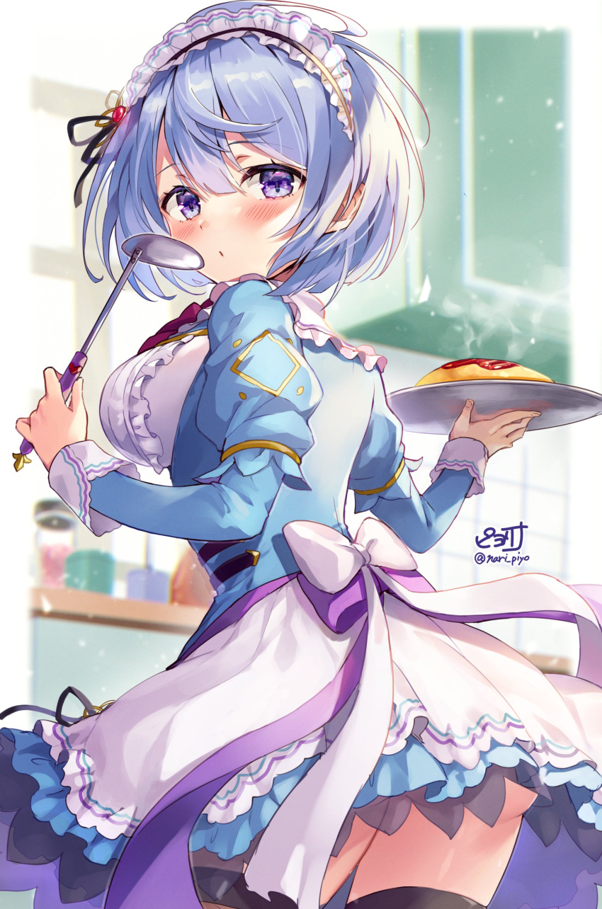 1girl absurdres artist_name ass blue_hair blush breasts commentary_request flower_knight_girl food from_behind highres indoors ipheion_(flower_knight_girl) kitchen ladle large_breasts long_sleeves looking_at_viewer looking_back maid maid_headdress omurice piyoyanagi short_hair solo thigh-highs twitter_username violet_eyes