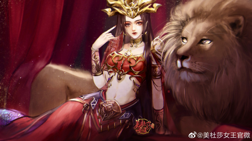 absurdres bare_shoulders black_hair cai_lin_(doupo_cangqiong) couch doupo_cangqiong highres jewelry lamia lion long_hair lying mei_du_sha_nuwang_zhuye monster_girl navel on_side strapless tube_top veil_removed weibo_id