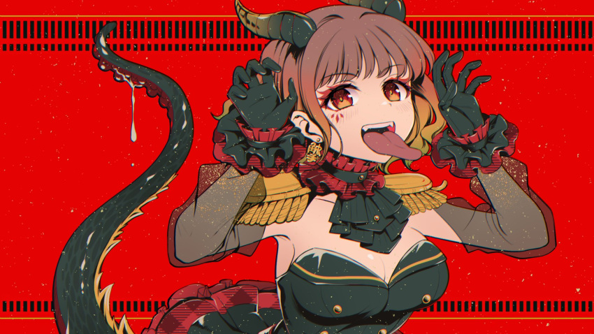 1girl black_gloves colored_tips epaulettes eyeshadow frilled_gloves frilled_skirt frills gloves highres hinagisa_yaya horns lizard_tail makeup multicolored_hair red_background red_eyes red_eyeshadow redhead salamander_(vocaloid) skirt solo tail tongue tongue_out upper_body