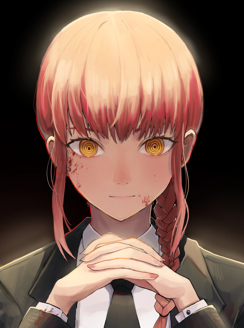 1girl :| bangs black_necktie blood blood_on_face blood_splatter braid braided_ponytail chainsaw_man closed_mouth collared_shirt eungi eyebrows_behind_hair facing_viewer fingernails formal hair_over_shoulder highres looking_at_viewer makima_(chainsaw_man) necktie own_hands_clasped own_hands_together ponytail red_eyes ringed_eyes shirt sidelocks single_braid solo suit upper_body white_shirt yellow_eyes