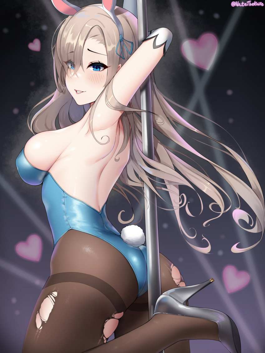 animal_ears armpits asuna_(blue_archive) backless_outfit biting blonde_hair blue_archive blue_eyes breasts elbow_gloves fake_animal_ears fake_tail gloves heart high_heels highres lip_biting medium_breasts natetheknife pantyhose playboy_bunny pole_dancing skindentation tail torn_clothes torn_legwear