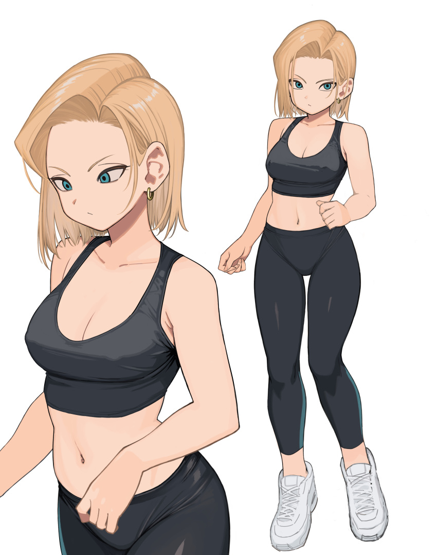 1girl absurdres alternate_costume android_18 black_tank_top blonde_hair blue_eyes breasts commentary_request dragon_ball dragon_ball_z earrings full_body highres jewelry looking_at_viewer navel pants rokoido12 shoes short_hair simple_background sneakers sweatpants tank_top