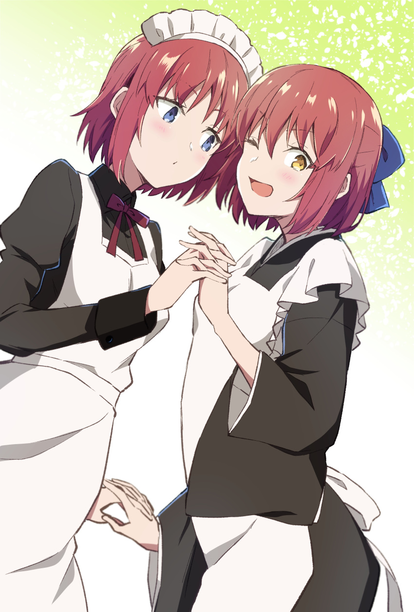 2girls ;d absurdres apron azami_masurao black_dress black_kimono blue_bow blue_eyes blush bow closed_mouth commentary_request dress eyebrows_visible_through_hair hair_bow half_updo highres hisui_(tsukihime) holding_hands japanese_clothes juliet_sleeves kimono kohaku_(tsukihime) long_sleeves looking_at_another looking_at_viewer maid maid_apron maid_headdress multiple_girls neck_ribbon one_eye_closed open_mouth puffy_sleeves red_ribbon redhead ribbon short_hair siblings sisters smile standing tsukihime twins wa_maid white_apron wide_sleeves yellow_eyes