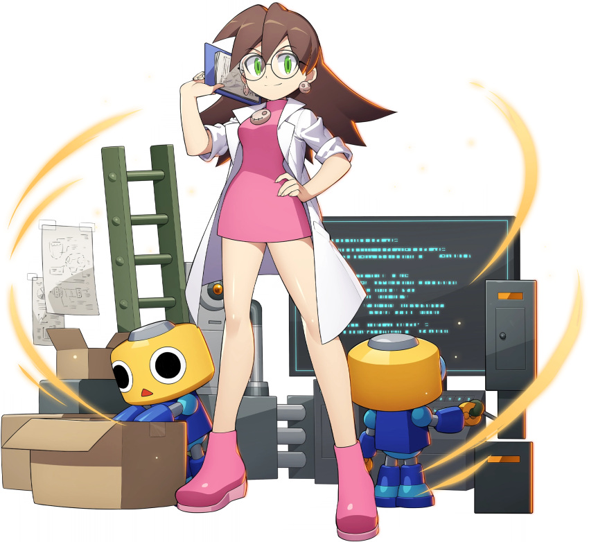 1girl ankle_boots bangs boots box breasts brown_hair clipboard closed_mouth computer dress earrings full_body glasses green_eyes hand_on_hip hand_up highres holding jewelry labcoat long_hair looking_at_viewer medium_breasts mega_man_(series) mega_man_legends mega_man_x_dive mizuno_keisuke monitor official_art pink_dress pink_footwear robot screen servbot_(mega_man) shiny shiny_hair shiny_skin short_dress sleeves_rolled_up smile transparent_background tron_bonne_(mega_man)