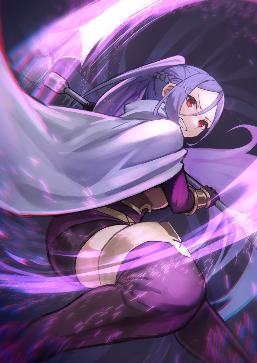 1girl armor black_gloves black_shorts boots braid breastplate cape floating_hair gloves gomashiwo_o highres holding holding_weapon long_hair mito_(sao) ponytail purple_footwear purple_hair short_shorts shorts solo sword_art_online sword_art_online_progressive thigh-highs thigh_boots very_long_hair weapon white_cape zettai_ryouiki