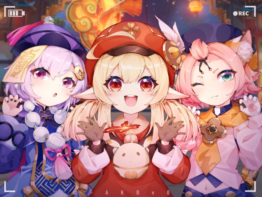 3d_background 3girls :d ;) ;3 absurdres ahoge akovo animal_ears bangs bangs_pinned_back bead_necklace beads brown_gloves brown_scarf cabbie_hat cat_ears cat_girl cat_tail chinese_clothes choker claw_pose clover_print coat coin_hair_ornament commentary_request detached_sleeves diona_(genshin_impact) eyebrows_visible_through_hair genshin_impact gloves green_eyes hair_between_eyes hair_ribbon hat hat_feather hat_ornament highres jewelry jiangshi jumpy_dumpty klee_(genshin_impact) lantern long_hair long_sleeves looking_at_viewer low_twintails midriff multiple_girls navel necklace ofuda one_eye_closed paw_print_palms pink_hair pointy_ears puffy_detached_sleeves puffy_sleeves purple_hair qing_guanmao qiqi_(genshin_impact) recording red_coat red_eyes red_headwear ribbon scarf short_hair sidelocks smile tail thick_eyebrows twintails twitter_username viewfinder violet_eyes white_gloves