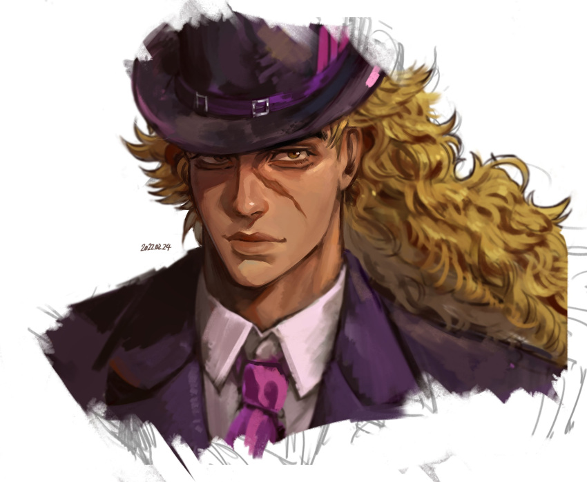 1boy blonde_hair bowler_hat brown_eyes closed_mouth collared_shirt commentary_request cropped_shoulders dated faux_traditional_media formal hat highres jojo_no_kimyou_na_bouken korean_commentary long_hair male_focus necktie phantom_blood pink_necktie rerojojo99 robert_e._o._speedwagon scar scar_on_face shirt sketch solo suit wavy_hair white_background