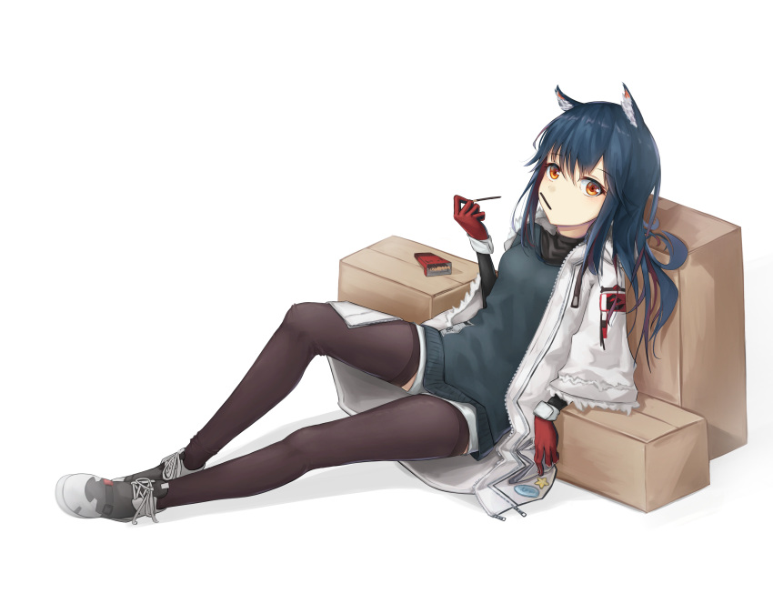 1girl absurdres animal_ears arknights arm_support bangs black_legwear blue_hair box breasts cardboard_box coat eating eyebrows_visible_through_hair flippy_(cripine111) food gloves grey_sweater hair_between_eyes high_tops highres hooded_coat layered_sleeves light_blush long_hair long_sleeves looking_at_viewer micro_shorts orange_eyes oversized_clothes pocky pocky_in_mouth red_gloves redhead shorts simple_background sitting sitting_on_box solo sweater sweets texas_(arknights) texas_(winter_messenger)_(arknights) thigh-highs white_background white_coat wolf_ears wolf_girl zipper zipper_pull_tab