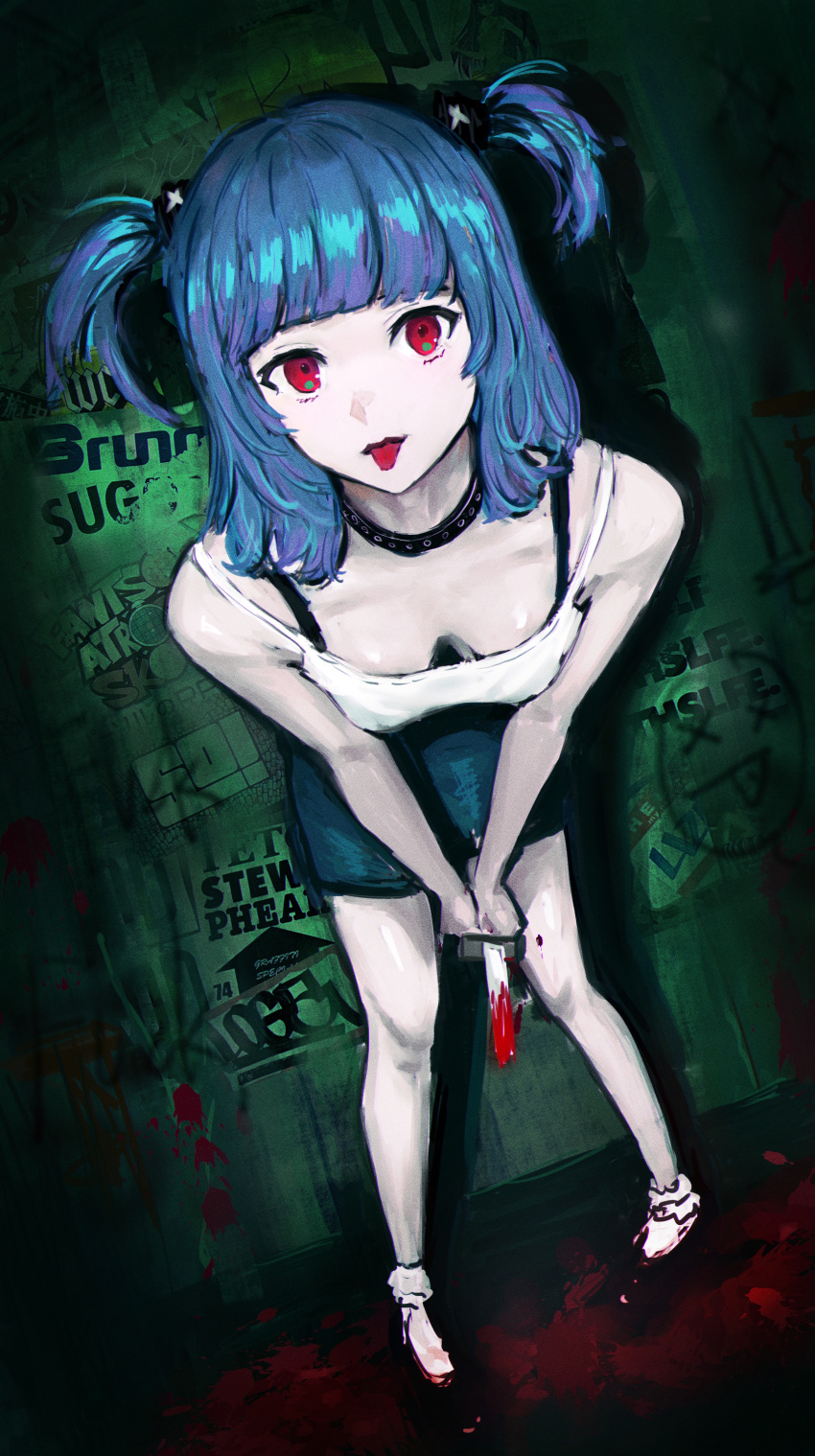1girl absurdres bangs black_choker blood blood_on_clothes blood_on_feet blood_on_leg blood_on_weapon blue_hair blunt_bangs choker closed_mouth english_text highres holding holding_knife holding_weapon knife looking_at_viewer medium_hair original pool_of_blood purple_z red_eyes shiny shiny_hair sitting solo tongue tongue_out twintails weapon