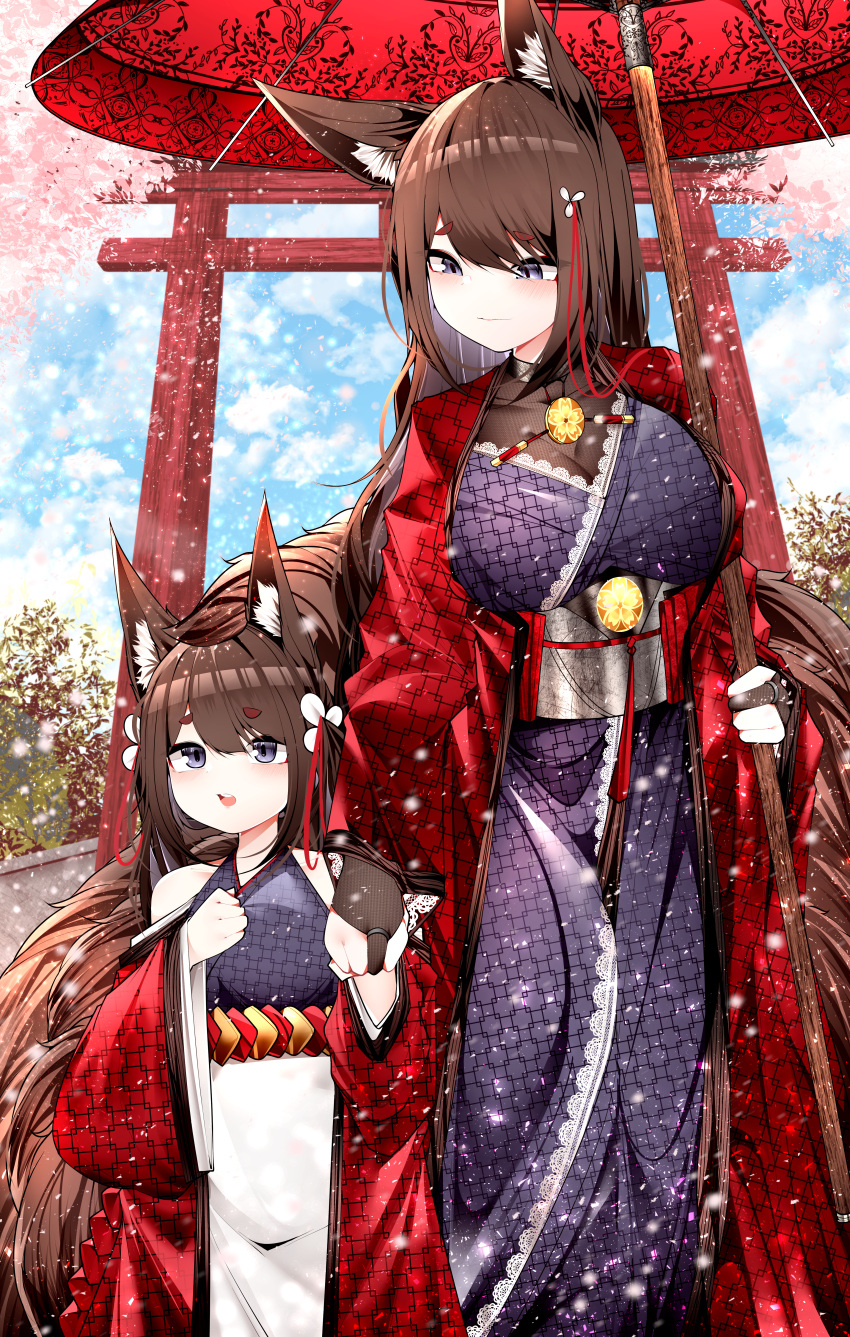 2girls absurdres amagi-chan_(azur_lane) amagi_(azur_lane) animal_ears azur_lane bangs black_gloves blunt_bangs bridal_gauntlets brown_hair commentary_request eyebrows_visible_through_hair eyeshadow fox_ears fox_girl fox_tail gloves hair_ornament height_difference highres holding holding_umbrella japanese_clothes kyuubi long_hair long_sleeves looking_at_another looking_at_viewer looking_up makeup mother_and_daughter multiple_girls multiple_tails namesake oil-paper_umbrella petals rope samip shimenawa sidelocks size_difference tail thick_eyebrows torii twintails umbrella violet_eyes wide_sleeves