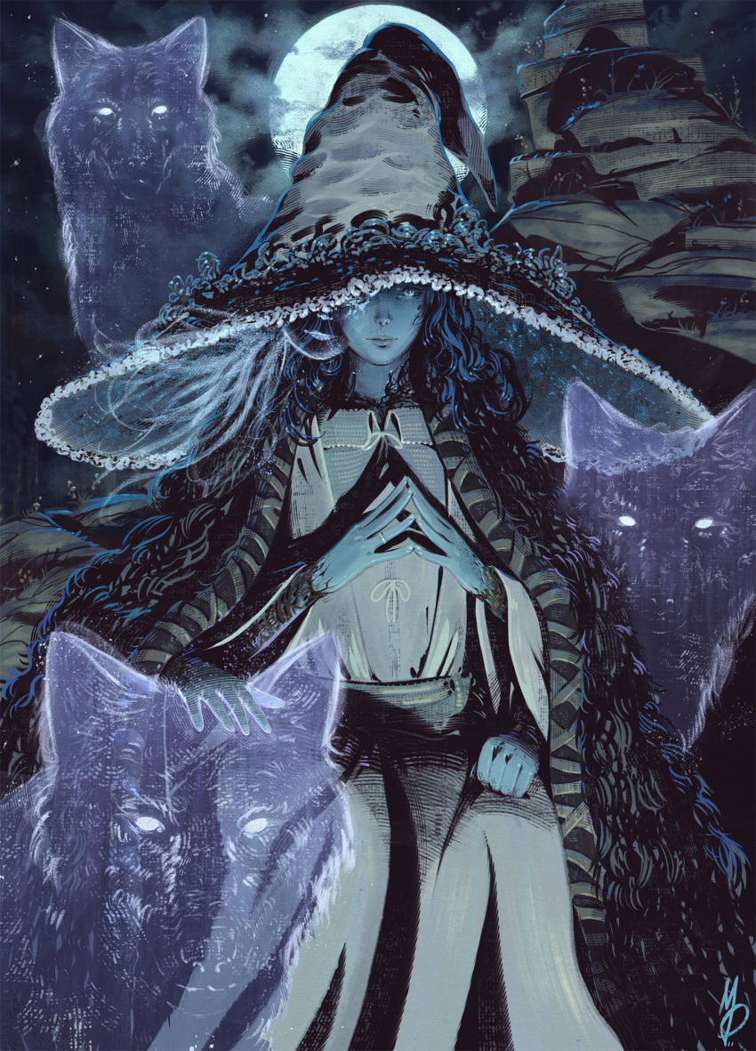 1girl animal blue_hair blue_skin cape cloak closed_mouth colored_skin dress elden_ring extra_arms extra_faces fur_cape fur_cloak hand_on_head hand_on_own_thigh hands_on_another's_head hat hat_ornament highres jewelry large_hat long_hair looking_at_viewer max58art moon night night_sky one_eye_covered outdoors own_hands_together ranni_the_witch ring robe sitting sky witch witch_hat wolf