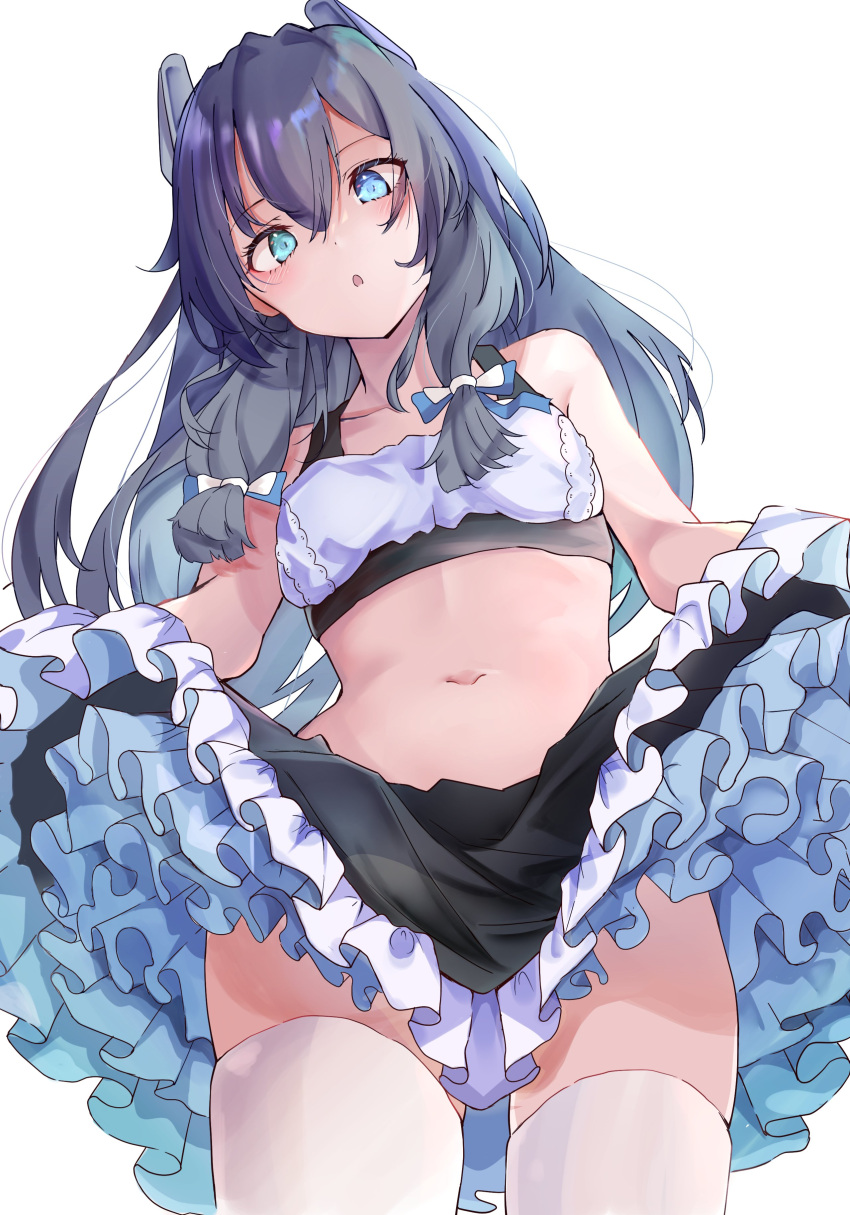 1girl absurdres alternate_costume black_hair blue_eyes calin clothes_lift cowboy_shot crop_top frilled_skirt frills highres i-47_(kancolle) kantai_collection layered_skirt long_hair looking_at_viewer low-tied_long_hair navel sidelocks skirt skirt_lift solo stomach thigh-highs white_background white_legwear