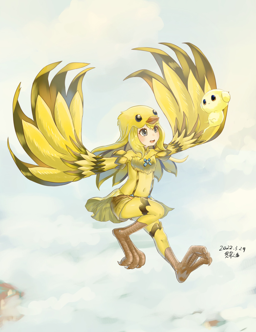 1girl absurdres bird_legs bird_wings blonde_hair blue_eyes chinese_commentary closed_mouth clouds dated duel_monster full_body guanchuan_zhi_jiao harpy highres knee_up looking_at_another monster_girl navel open_mouth outdoors shorts signature sky smile solo suspender_shorts suspenders teeth upper_teeth wings yu-gi-oh! yu-gi-oh!_arc-v