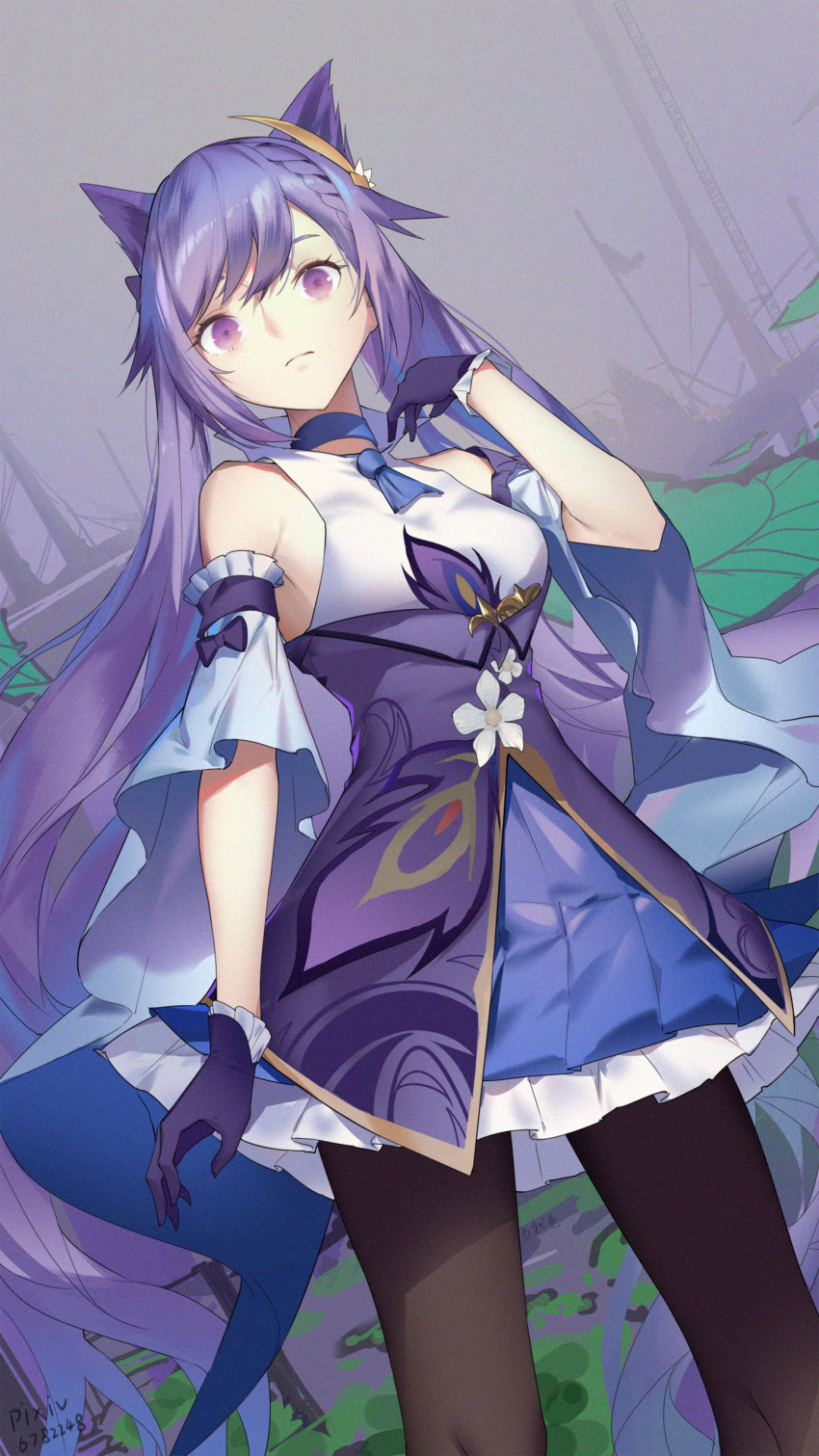 1girl absurdres asymmetrical_bangs bangs bare_shoulders blue_choker braid breasts choker closed_mouth detached_sleeves dress dutch_angle eyebrows_behind_hair genshin_impact gloves hair_cones hair_ornament hand_up highres keqing_(genshin_impact) looking_at_viewer pantyhose pixiv_id purple_dress purple_gloves purple_hair short_sleeves simple_background solo twintails violet_eyes ziran_juan