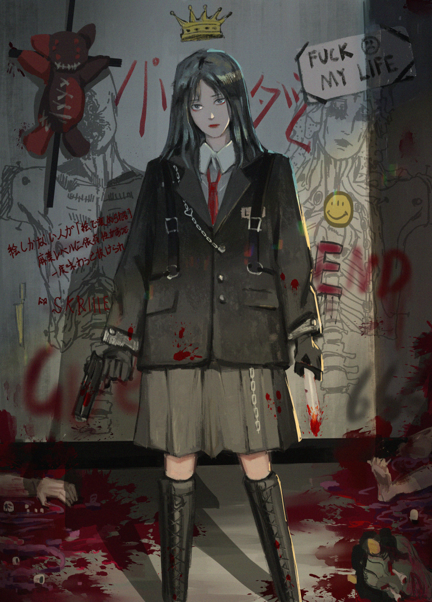 1girl 3others absurdres barefoot black_footwear black_gloves black_hair blood blood_on_clothes blood_on_weapon blood_splatter blue_eyes chain cross crown english_commentary english_text eyeball eyeshadow gloves graffiti grey_skirt gun guro handgun heart highres holding holding_gun holding_knife holding_weapon horns intestines knife long_hair looking_at_viewer makeup monster multiple_others necktie original pool_of_blood purple_z red_eyeshadow red_lips red_necktie skirt solo_focus stuffed_toy weapon yellow_horns