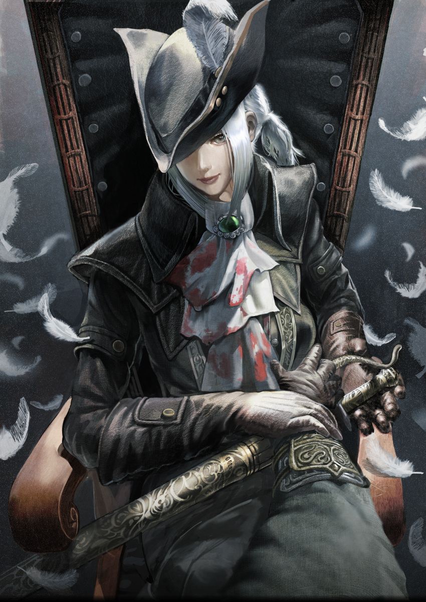 1girl absurdres artist_request ascot blood bloodborne blue_eyes boots cape coat gem gloves hat hat_feather highres holding hunter_(bloodborne) lady_maria_of_the_astral_clocktower long_hair looking_at_viewer ponytail rakuyo_(bloodborne) simple_background smile sword the_old_hunters tricorne weapon white_hair