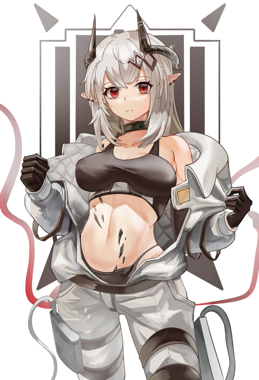 1girl absurdres arknights black_collar black_gloves black_panties black_sports_bra bodysuit breasts collar collarbone cowboy_shot demon_horns earclip eyebrows_visible_through_hair gloves grey_hair hair_ornament highres horns infection_monitor_(arknights) large_breasts looking_at_viewer mudrock_(arknights) navel open_bodysuit oripathy_lesion_(arknights) panties pointy_ears red_eyes solo sports_bra stomach underwear white_bodysuit zhouleihao