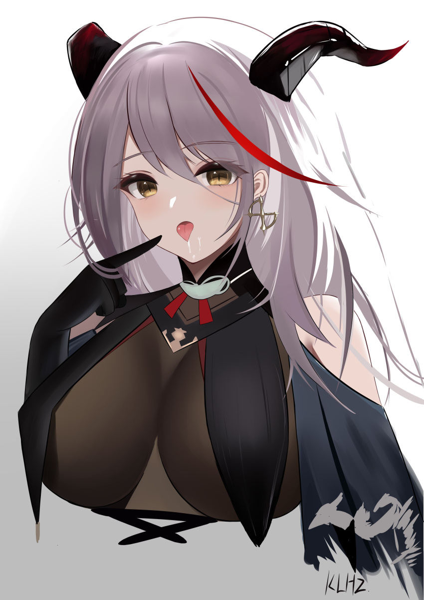 1girl absurdres aegir_(azur_lane) artist_name azur_lane bare_shoulders black_gloves bodystocking breast_curtains breasts capelet cross cross_earrings demon_horns earrings elbow_gloves eyebrows_visible_through_hair eyes_visible_through_hair finger_to_mouth gloves gradient gradient_background grey_background grey_hair highres horns jewelry kuaile_hei_zi large_breasts long_hair looking_at_viewer multicolored_hair open_mouth redhead saliva solo streaked_hair tongue tongue_out two-tone_hair upper_body yellow_eyes