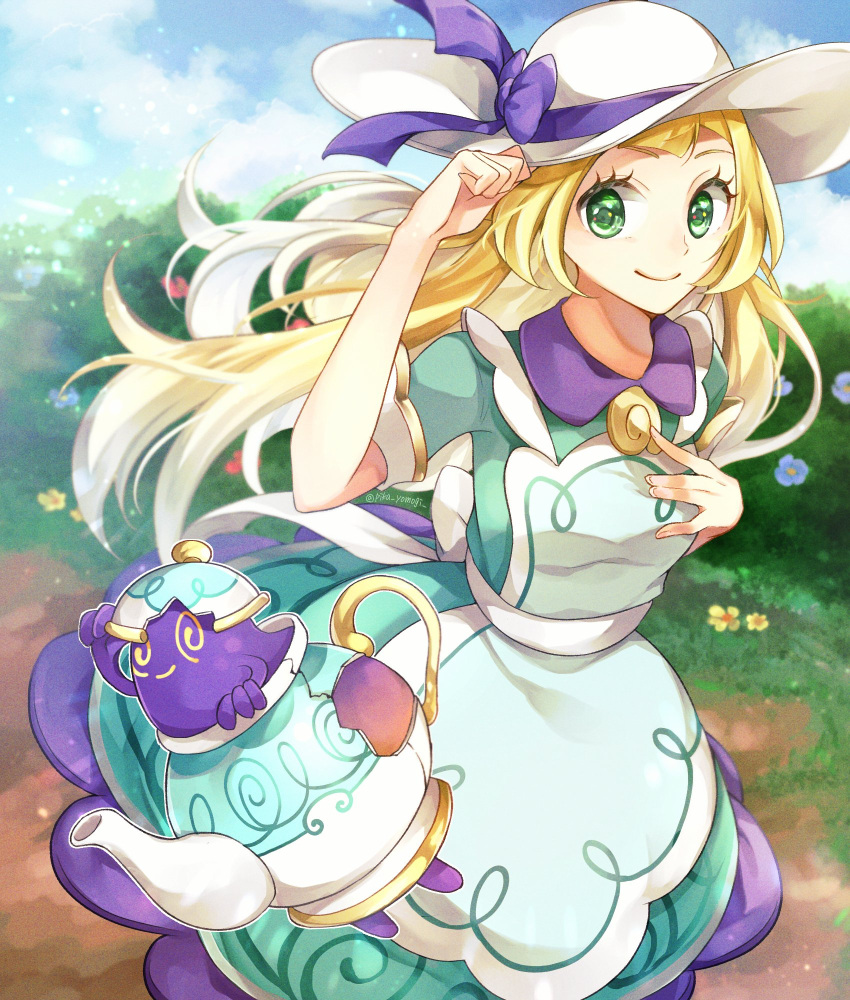 1girl apron bangs blonde_hair closed_mouth clouds commentary day dress eyelashes flower grass green_dress green_eyes hand_on_headwear hat hat_ribbon highres lillie_(pokemon) long_hair looking_at_viewer official_alternate_costume outdoors pokemon pokemon_(creature) pokemon_(game) pokemon_masters_ex polteageist purple_ribbon ribbon short_sleeves sky smile white_headwear yellow_flower yomogi_(black-elf)