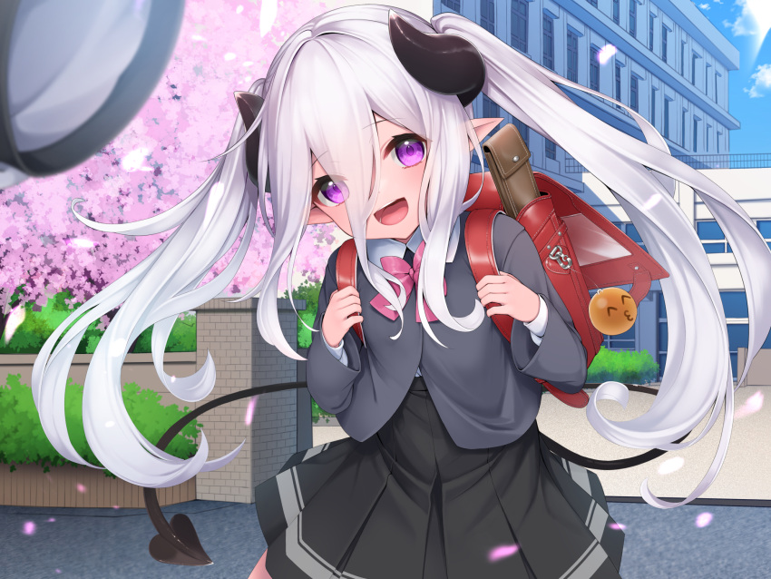 1girl :d backpack bag bangs black_headwear black_jacket black_skirt bow building character_request cherry_blossoms collared_shirt commentary_request day demon_girl demon_horns demon_tail eyebrows_visible_through_hair eyes_visible_through_hair hair_between_eyes hashiko_nowoto hat hat_removed headwear_removed highres holding_strap horns jacket long_hair long_sleeves looking_at_viewer monster_company outdoors pink_bow pleated_skirt randoseru shirt skirt smile solo tail tree twintails very_long_hair violet_eyes white_hair white_shirt wind window