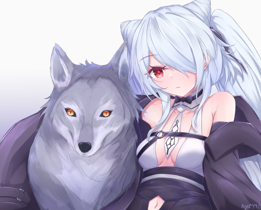 1girl azur_lane bare_shoulders black_jacket breasts clothing_cutout cocktail_dress dress hair_cones highres jacket kiev_(azur_lane) kiev_(backstreet_silver_sonata)_(azur_lane) kyl490 long_hair looking_at_viewer navel_cutout official_alternate_costume open_clothes open_jacket red_eyes simple_background sleeveless sleeveless_dress small_breasts solo white_background wolf yellow_eyes