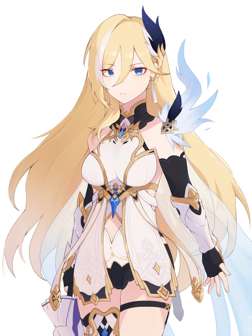 1girl armor armored_dress bangs bare_shoulders bianka_durandal_ataegina bianka_durandal_ataegina_(palatinus_equinox) blonde_hair blue_eyes breasts closed_mouth earrings fingerless_gloves gauntlets gloves hair_ornament highres holding holding_polearm holding_weapon honkai_(series) honkai_impact_3rd jewelry long_hair looking_at_viewer polearm simple_background single_earring solo spear weapon weeiskaw white_background