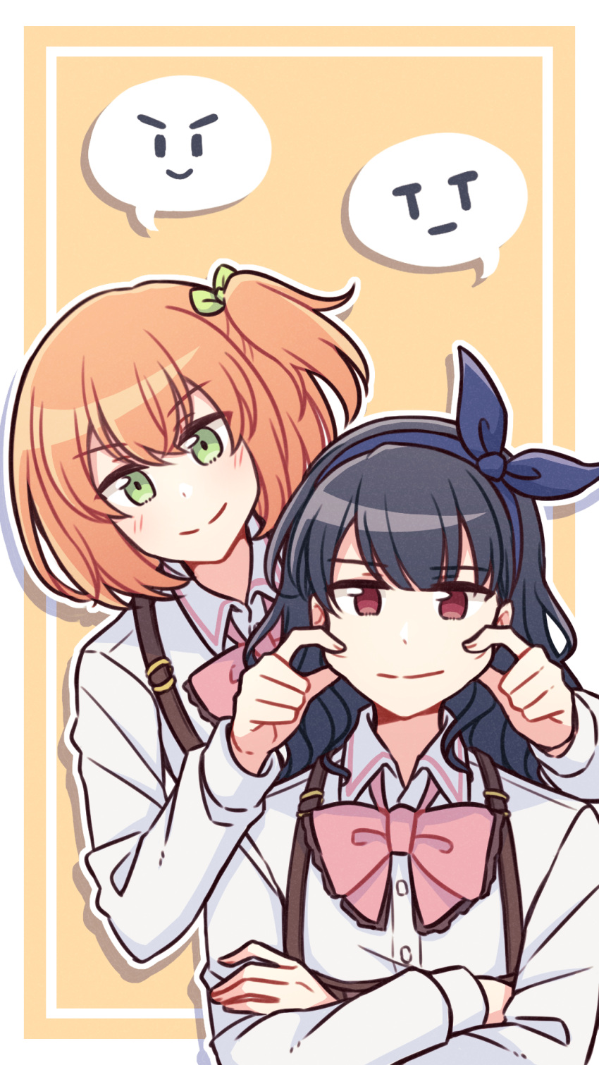 &gt;:) 2girls akamirai amamiya_sophia_seren assault_lily bangs behind_another black_hair blue_bow blue_hairband blunt_bangs border bow bow_hairband bowtie cheek_pull closed_mouth collared_shirt commentary_request crossed_arms dress_shirt drop_shadow emoticon eyebrows_visible_through_hair forced_smile green_bow green_eyes hair_between_eyes hair_bow hairband hands_up highres kuroki_francisca_yuria leaning_to_the_side light_blush long_hair long_sleeves looking_at_viewer multiple_girls one_side_up orange_background orange_hair outline outside_border pink_bow pink_bowtie red_eyes shirt smile speech_bubble spoken_emoticon suspenders underbust upper_body v-shaped_eyebrows white_border white_outline white_shirt