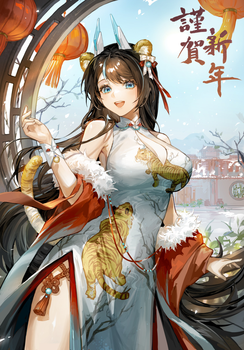 1girl :d absurdres animal_ear_fluff animal_ears animal_print bangs bare_shoulders blue_eyes breasts brown_hair character_request china_dress chinese_clothes cleavage_cutout clothing_cutout commentary_request cowboy_shot day detached_sleeves dress eyebrows_behind_hair fur-trimmed_sleeves fur_trim hand_up highres horns large_breasts long_hair multicolored_hair open_mouth outdoors red_sleeves silver_hair sleeveless smile snow snowing solo standing streaked_hair sun sunlight swept_bangs tail teeth thighs tiger_ears tiger_print tiger_tail upper_teeth virtual_youtuber winter xi_liu
