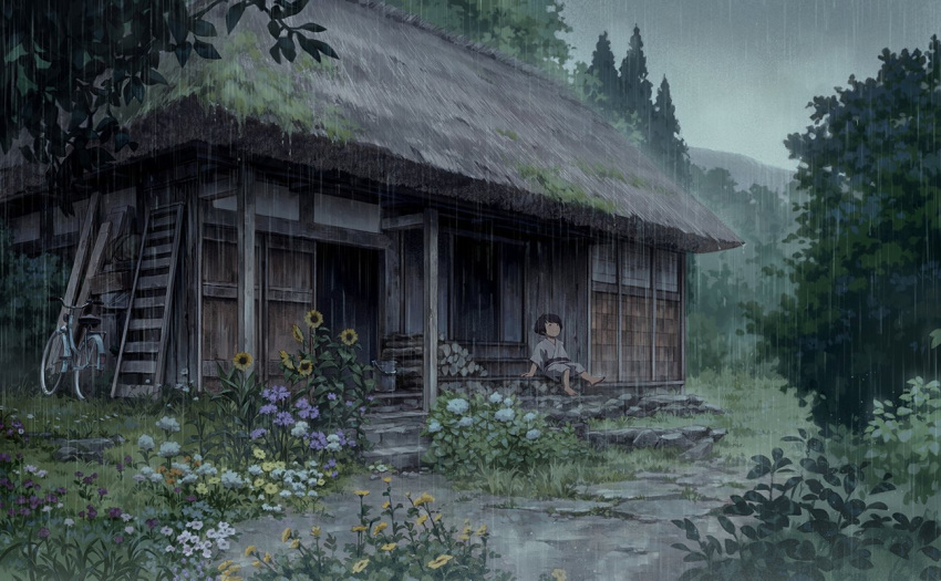 1girl bicycle building child closed_eyes clouds cloudy_sky flower ground_vehicle japanese_clothes kimono original outdoors pink_flower purple_flower rain reengirl scenery short_hair short_sleeves sitting sky smile solo tree water_drop white_flower white_kimono yellow_flower