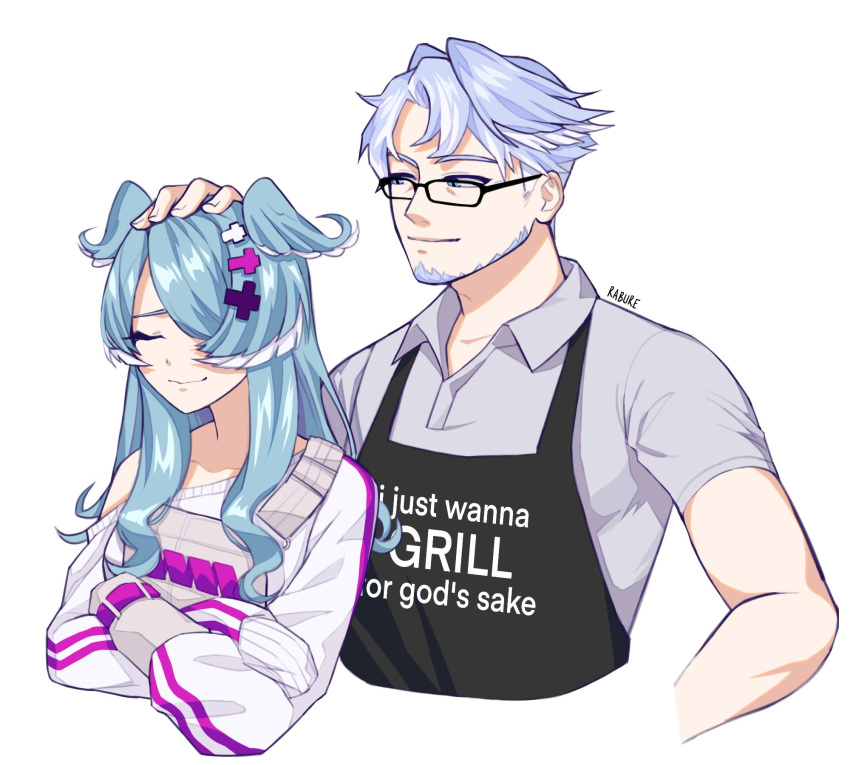 1boy 1girl apron beard black_apron breasts closed_eyes collared_shirt elira_pendora english_commentary facial_hair father_and_daughter glasses grey_overalls hair_behind_ear head_wings headpat highres i_just_wanna_grill_for_god's_sake long_hair medium_breasts nijisanji nijisanji_en off_shoulder overalls rabure shirt smile sweater upper_body virtual_youtuber white_background white_sweater
