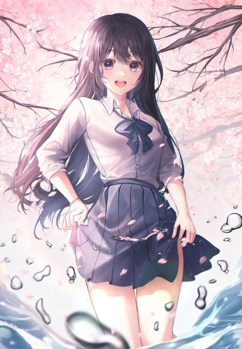 1girl absurdres bangs black_bow black_hair black_skirt bow bowtie cherry_blossoms collared_shirt hasu_(selisa) highres long_hair looking_at_viewer original shirt skirt smile solo tree uniform violet_eyes water wet wet_clothes wet_skirt white_shirt
