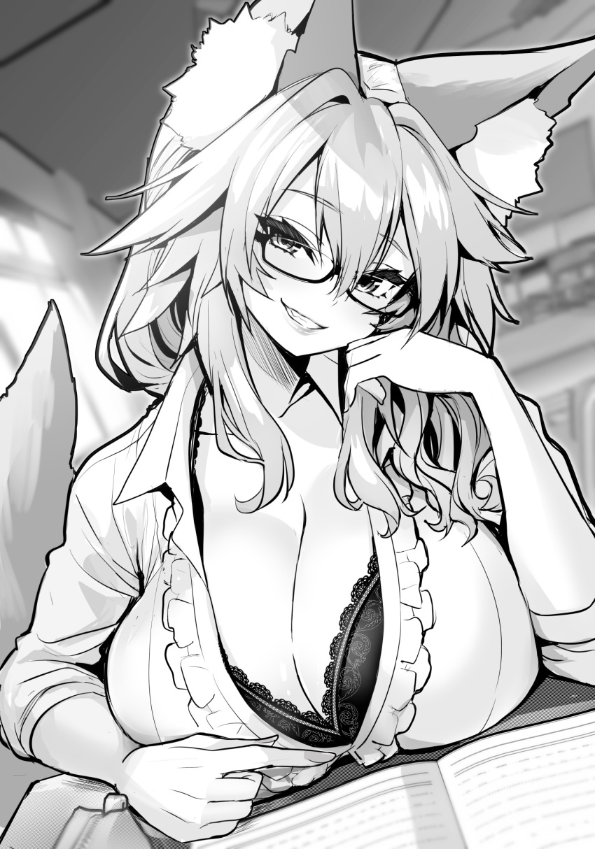 1girl animal_ears bangs blush breasts collared_shirt commentary_request eyebrows_visible_through_hair fate/extra fate_(series) fox_ears fox_girl fox_tail glasses greyscale highres large_breasts long_sleeves looking_at_viewer monochrome parted_lips shirt smile solo tail tamamo_(fate) tamamo_no_mae_(fate/extra) teeth wisespeak