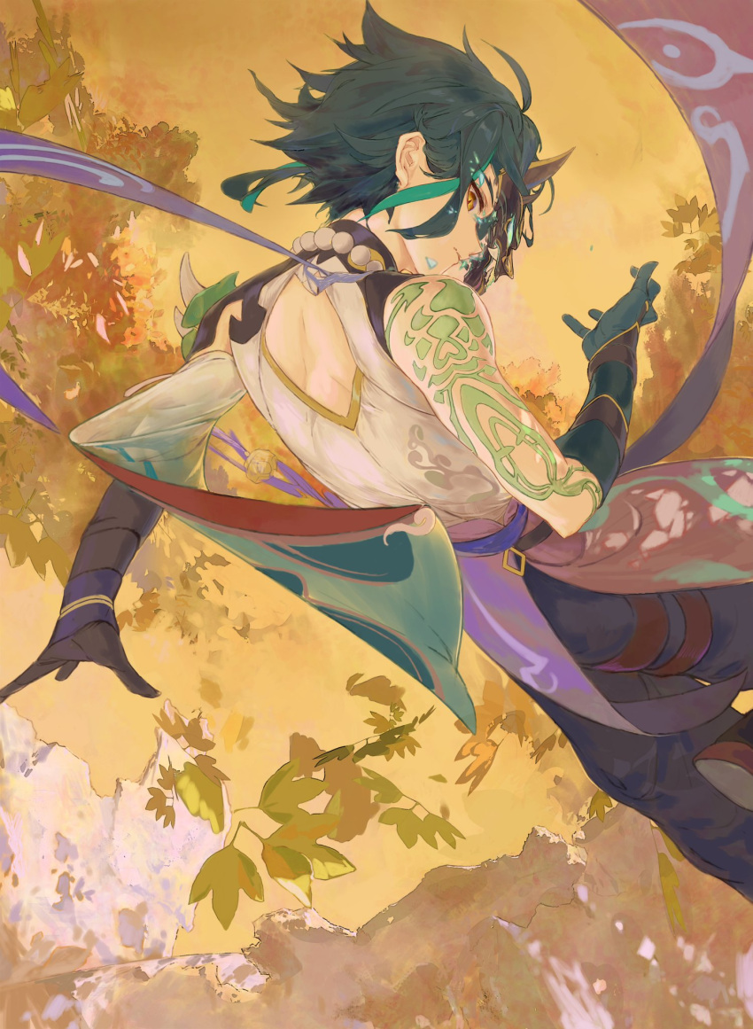 1boy back bare_shoulders black_gloves chinese_clothes closed_mouth genshin_impact gloves green_eyes highres looking_at_viewer looking_back mask outdoors shirt short_hair skavenprime sleeveless solo tattoo white_shirt xiao_(genshin_impact) yellow_eyes yellow_sky