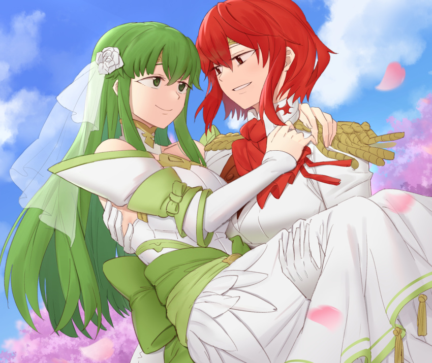 2girls bangs bridal_veil carrying crossdressing dress ebinku fire_emblem fire_emblem:_mystery_of_the_emblem fire_emblem:_shadow_dragon formal gloves green_eyes green_hair hair_between_eyes highres minerva_(fire_emblem) multiple_girls palla_(fire_emblem) princess_carry red_eyes redhead sleeveless sleeveless_dress smile suit tuxedo veil wedding wedding_dress white_dress white_gloves white_suit wife_and_wife yuri