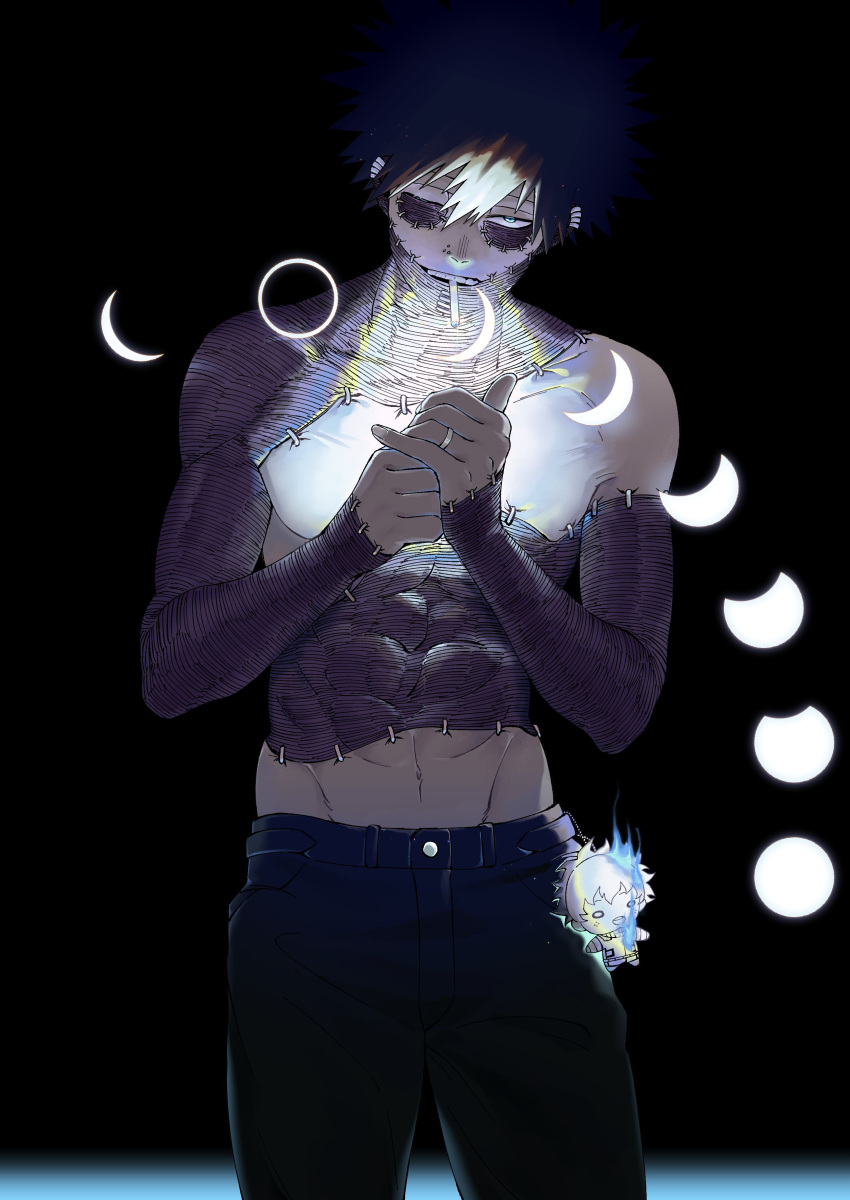 1boy abs absurdres aranciojelyfish bangs belt black_background black_belt black_hair black_pants blue_eyes blue_fire boku_no_hero_academia burn_scar character_doll charm_(object) cigarette contrapposto crescent_moon dabi_(boku_no_hero_academia) ear_piercing evil_smile fire full_moon gibbous_moon head_down head_tilt highres hip_bones holding holding_sword holding_weapon keychain looking_at_viewer male_focus midoriya_izuku moon moon_phases multiple_moons multiple_piercings navel new_moon nose_piercing one_eye_closed own_hands_together pants piercing scar scar_on_arm scar_on_chest scar_on_face scar_on_hand scar_on_neck short_hair smile solo spiky_hair stapled stitches sword teeth_hold toned toned_male topless_male weapon white_hair