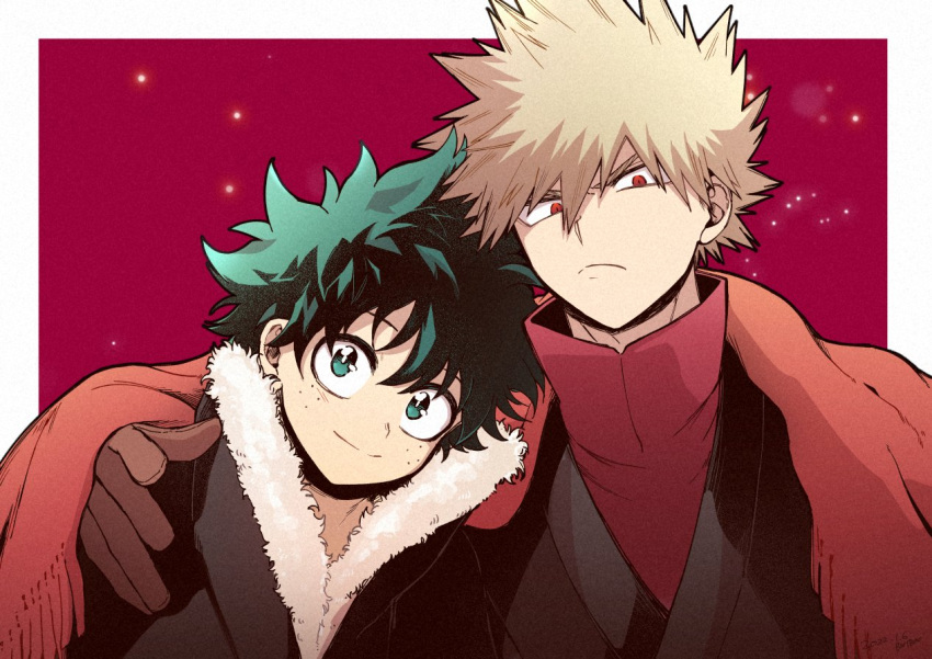 2boys bakugou_katsuki black_coat blonde_hair boku_no_hero_academia border brown_gloves cho_mo_futoshi closed_mouth coat freckles fringe_trim frown fur-trimmed_coat fur_trim gloves green_eyes green_hair hand_on_another's_shoulder high_collar male_focus midoriya_izuku multiple_boys official_alternate_costume outside_border red_background red_eyes red_scarf red_shirt scarf shared_scarf shirt simple_background smile spiky_hair white_border